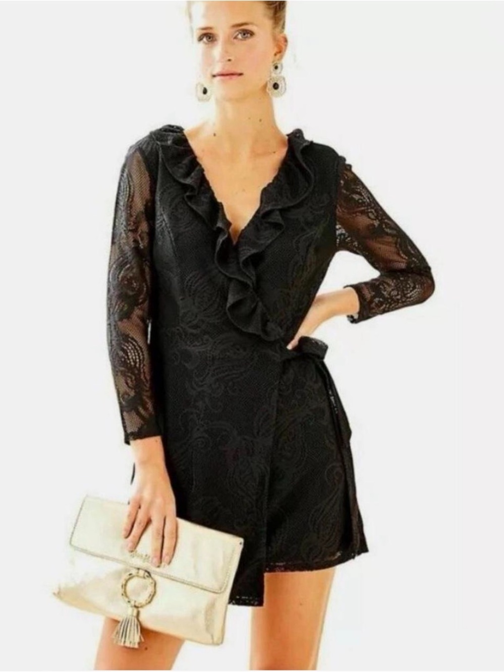 Lilly Pulitzer Tiki Black Lace Wrap Dress Romper Long Sleeve Size M